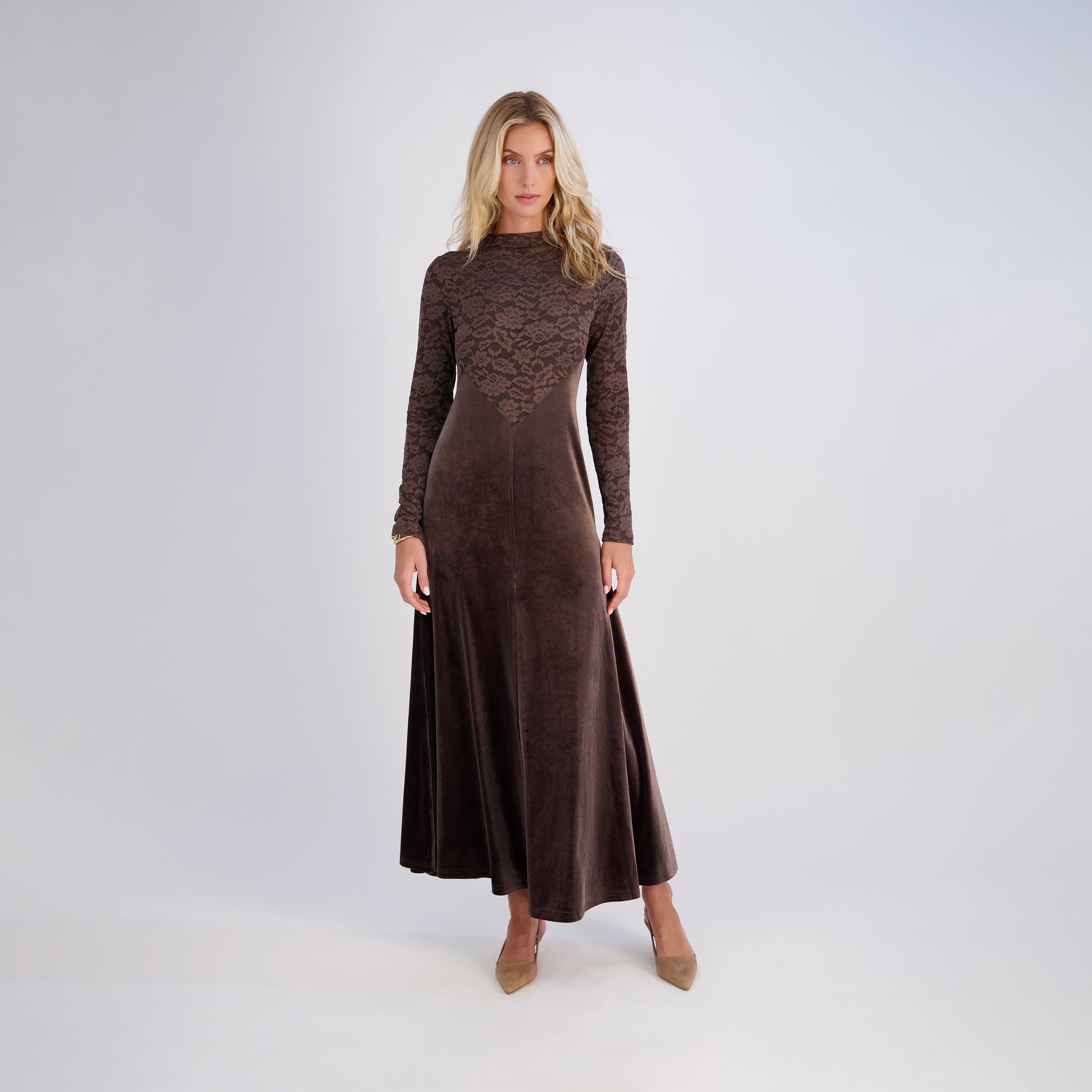 Velvet Lace Dress - Brown