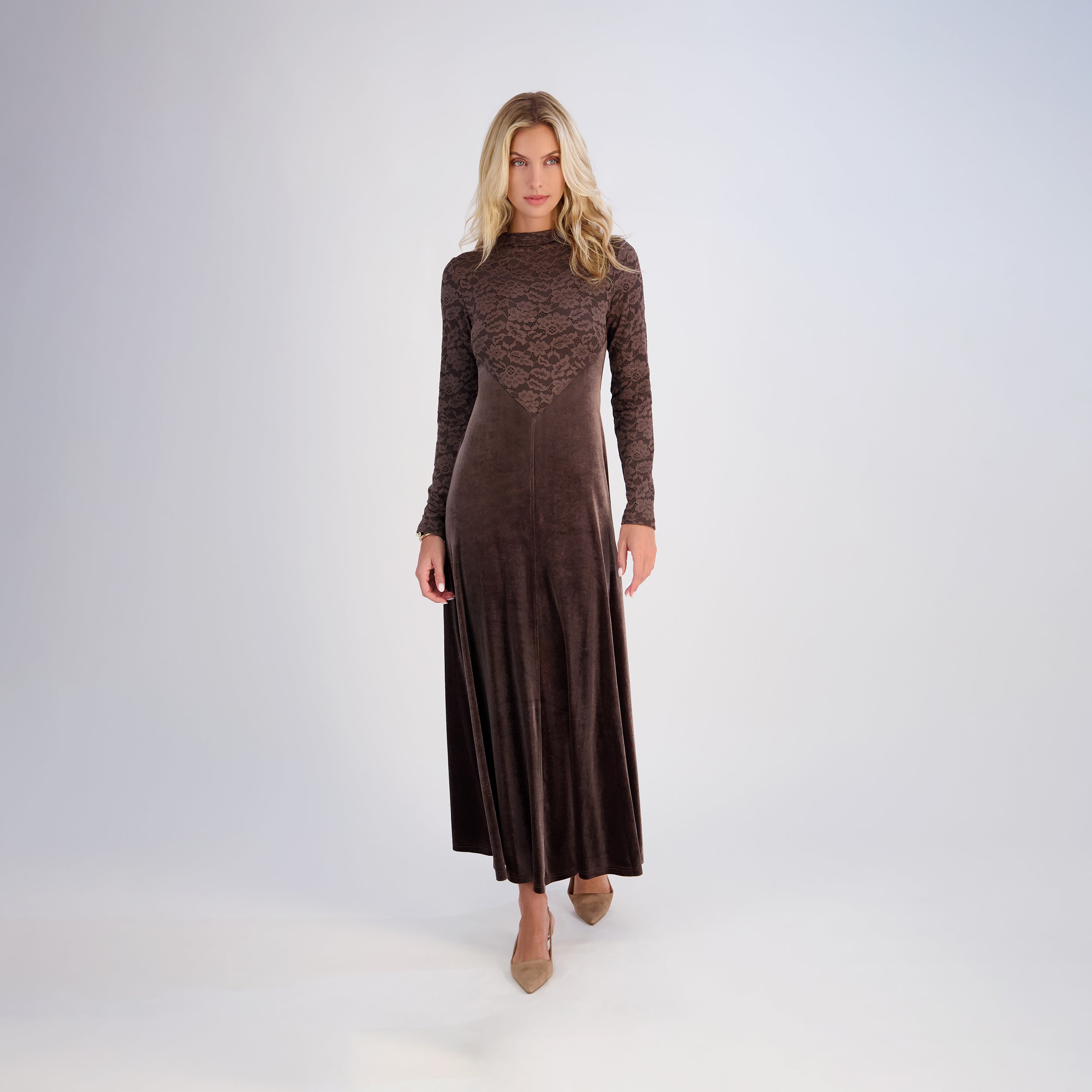 Velvet Lace Dress - Brown