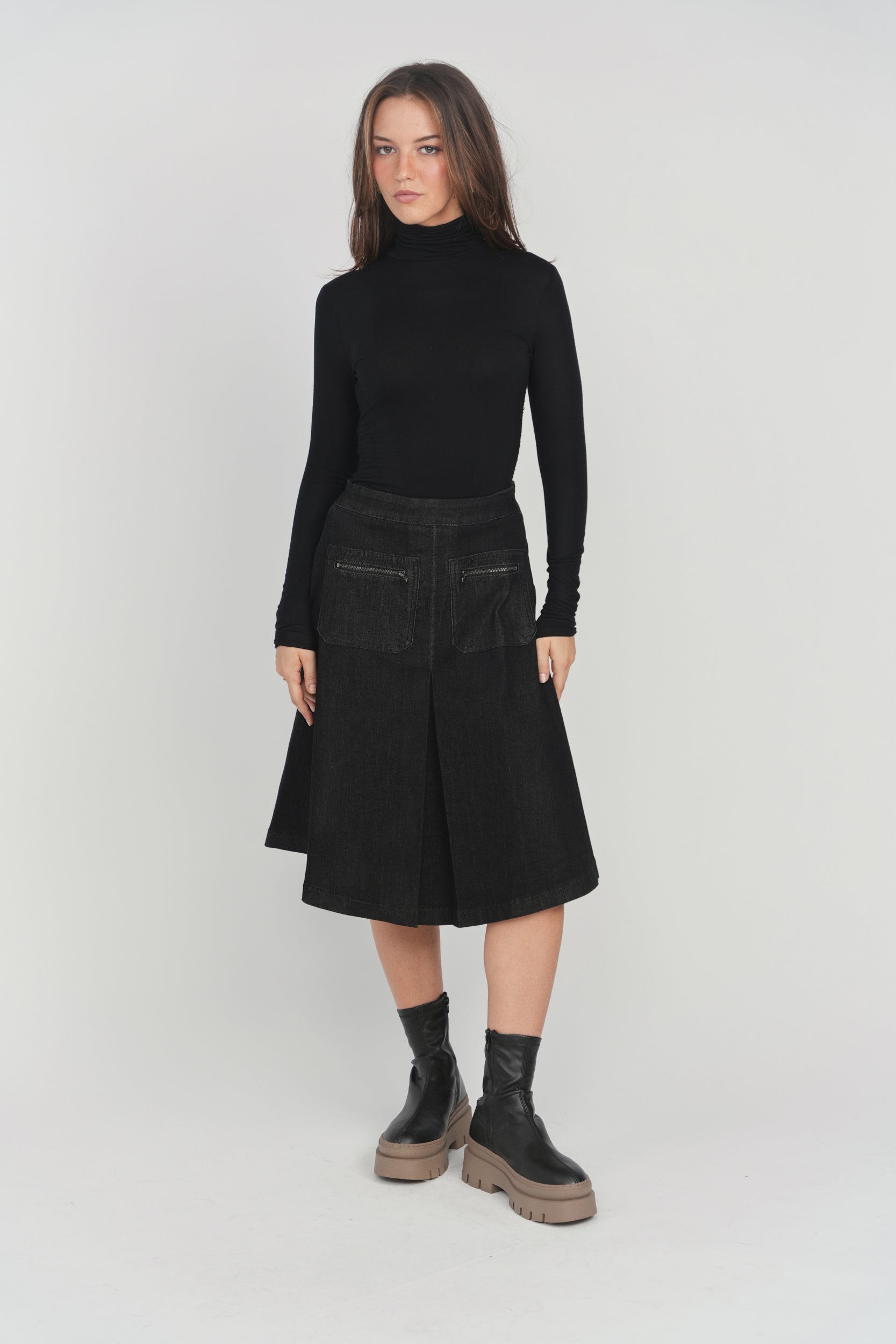 Flared Denim Skirt - Black