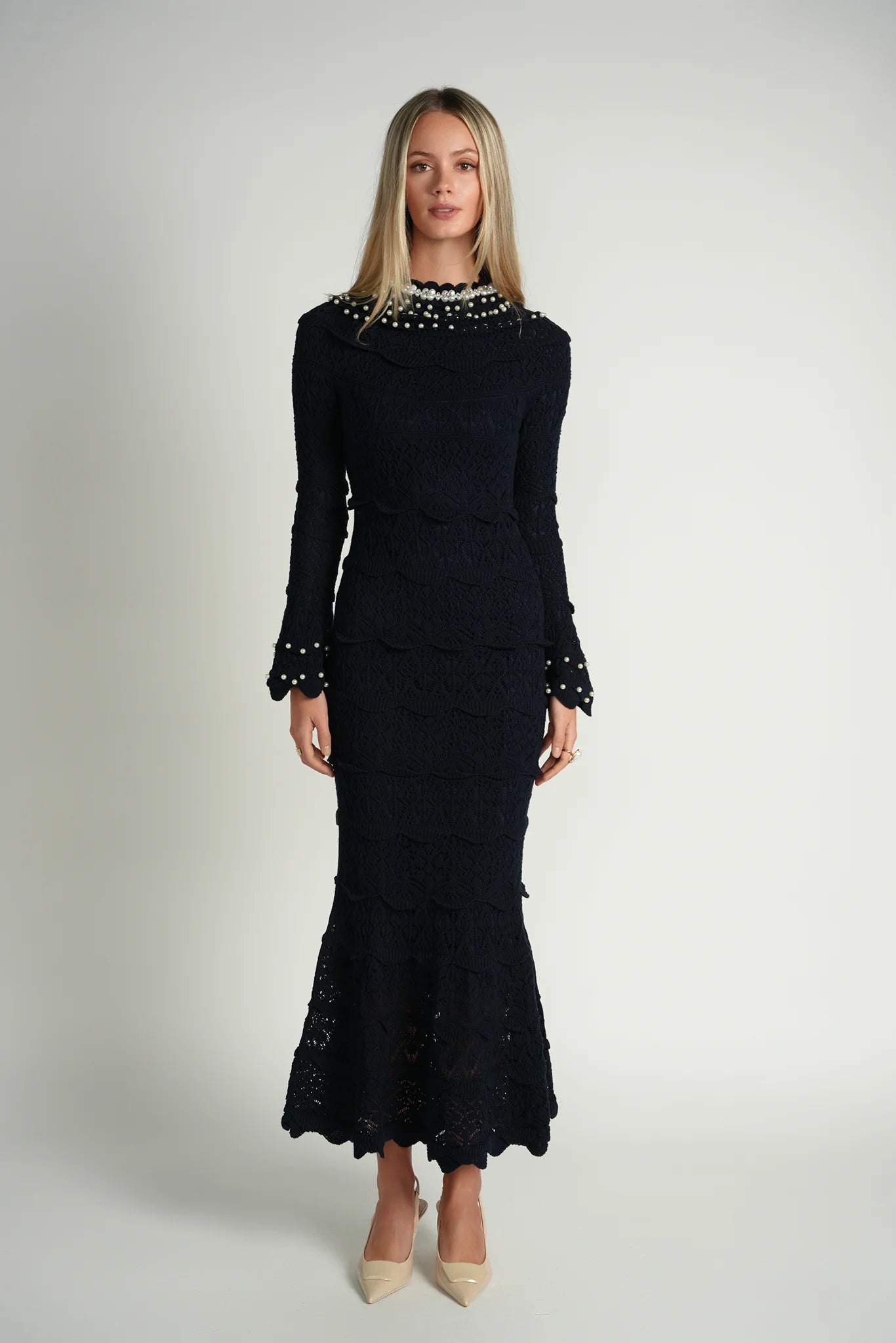 Pearl Knit Midi Dress- Navy M Pearl Knit Midi Dress- Navy M