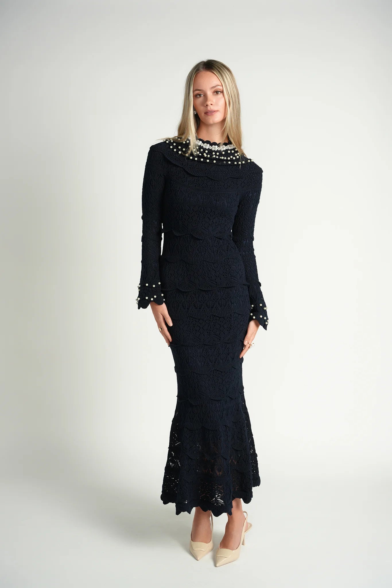 Pearl Knit Midi Dress- Navy