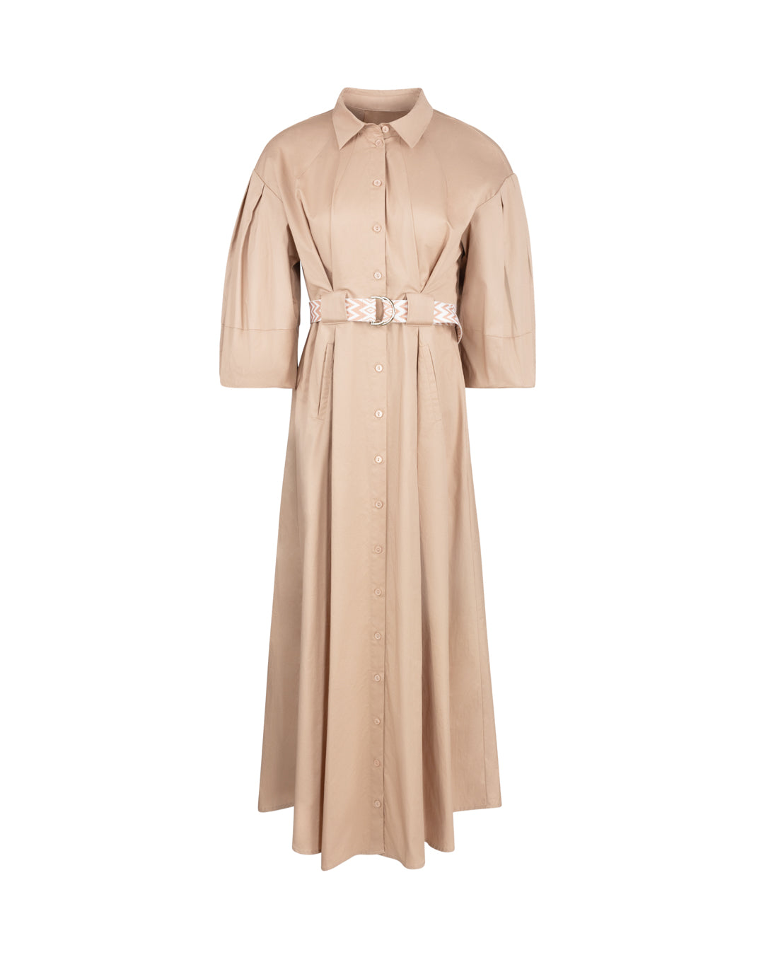 Puff Sleeve Poplin Belt Dress- Pink