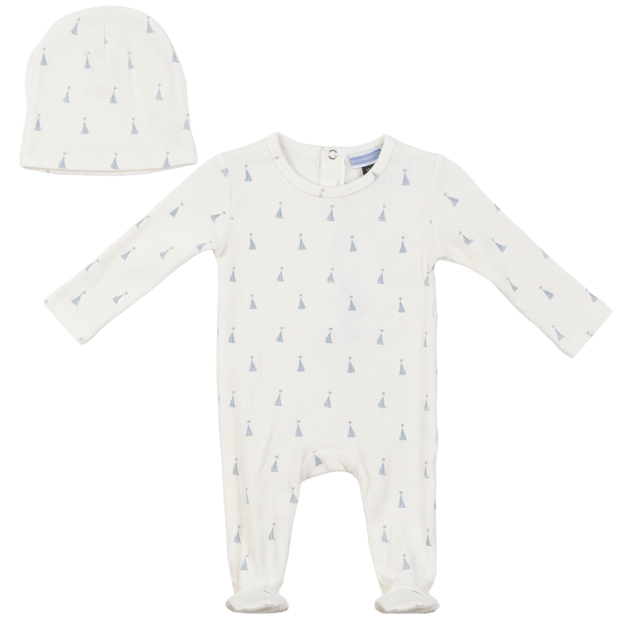 Baby Bow/Sail Boat Print Onesie and Hat- Off White/Blue