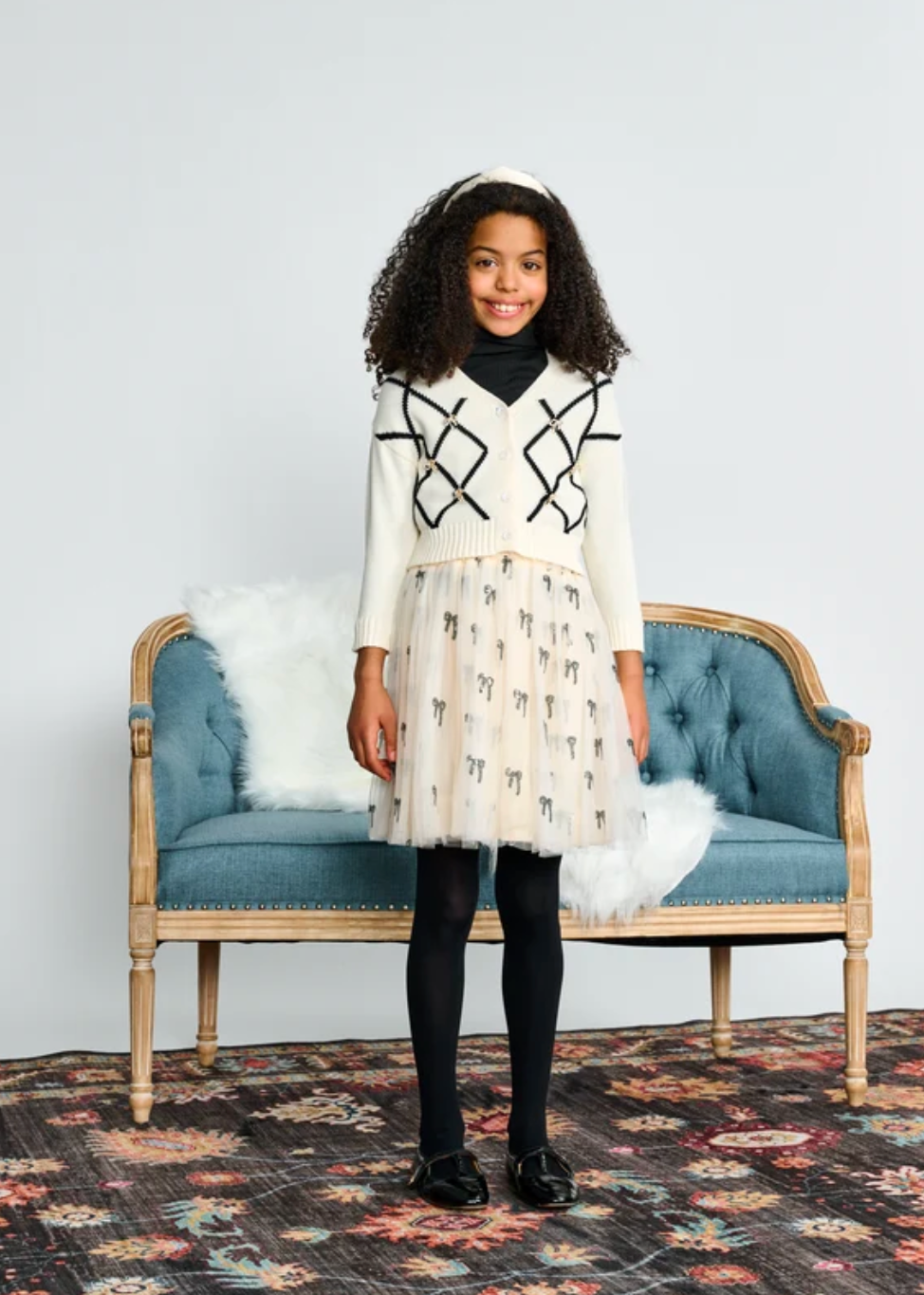 Ivory with Black Sequin Bows Tulle Skirt