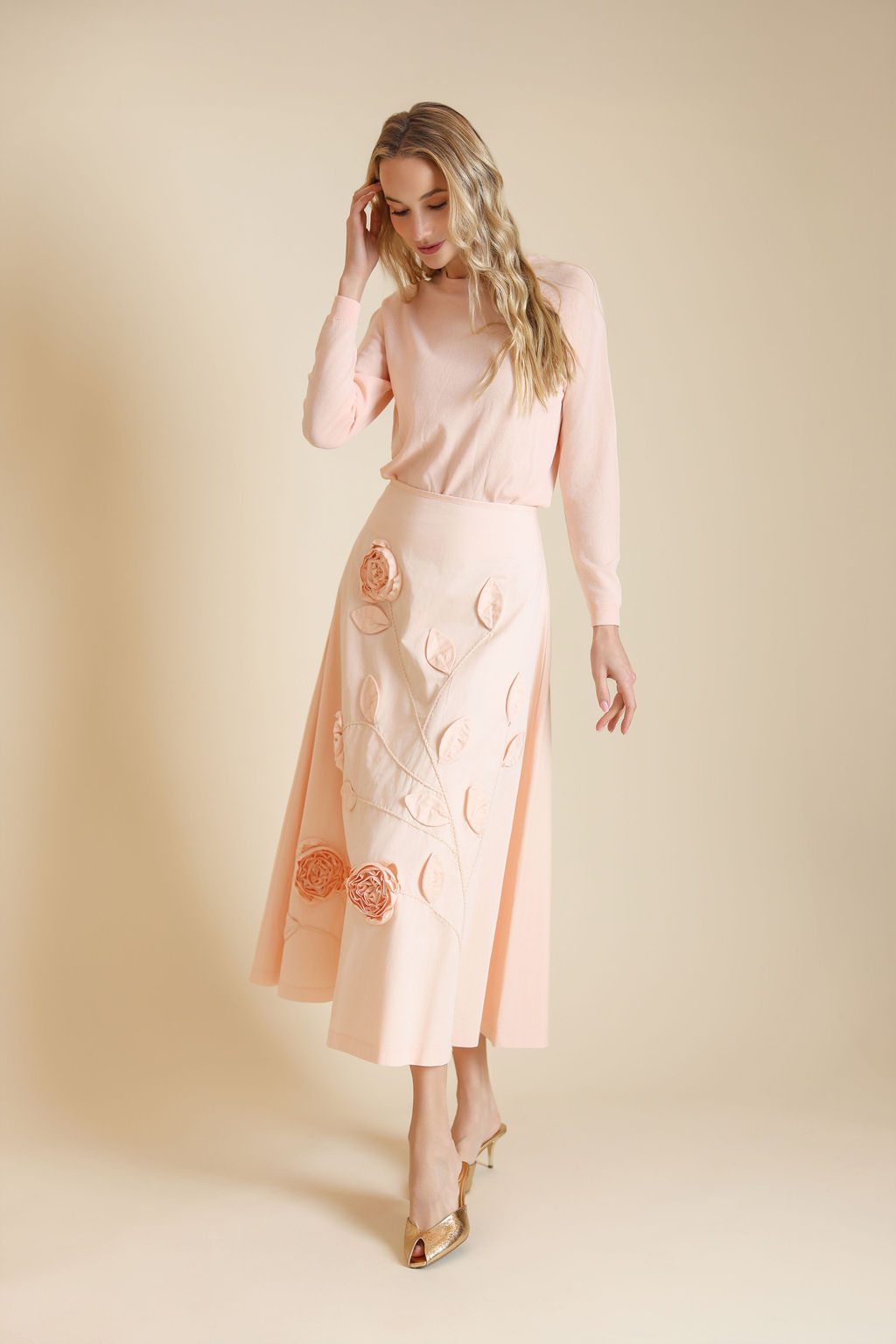 Silk Poplin Appliqued Skirt- Peach