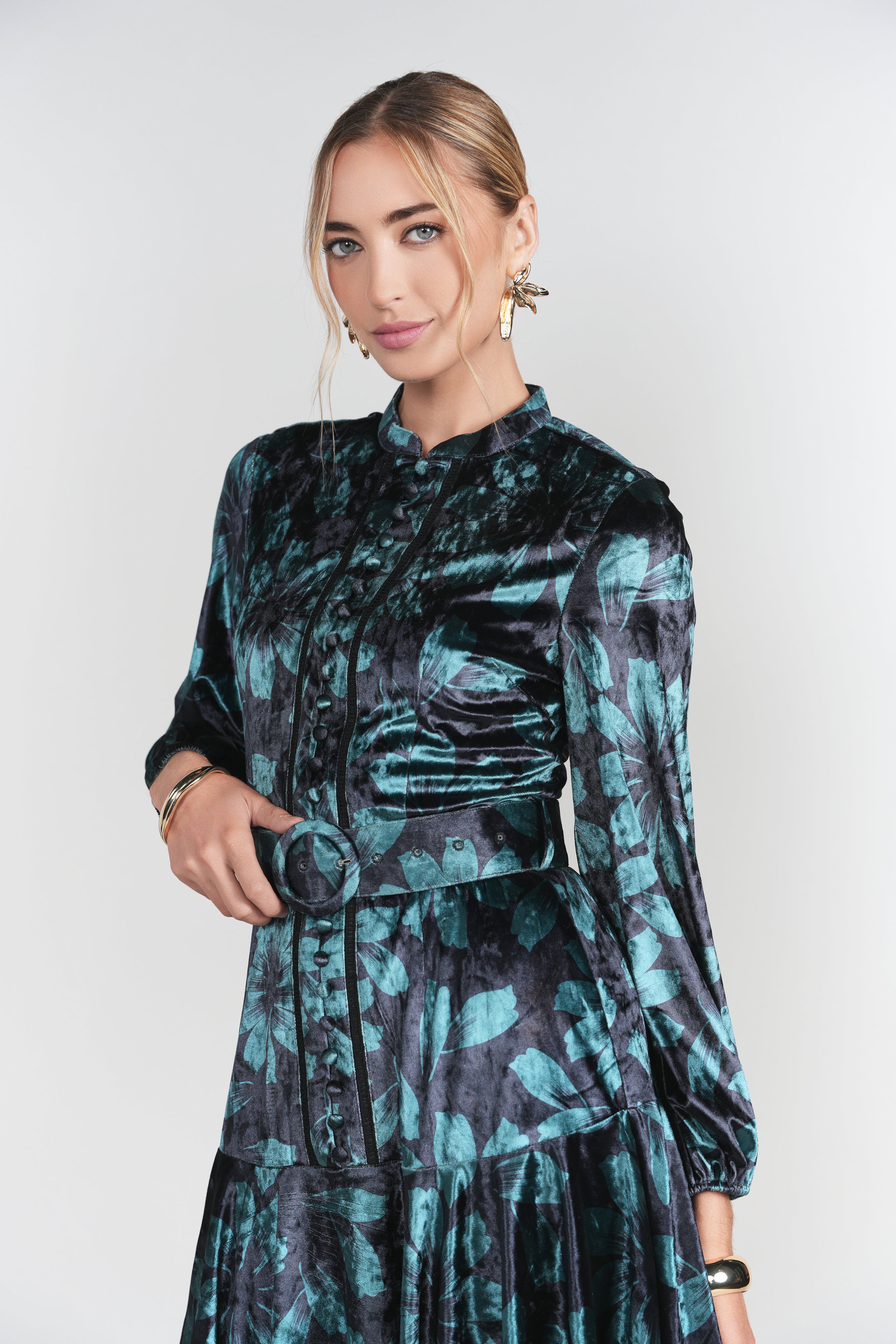 Sophie Dress- Teal Floral Velvet