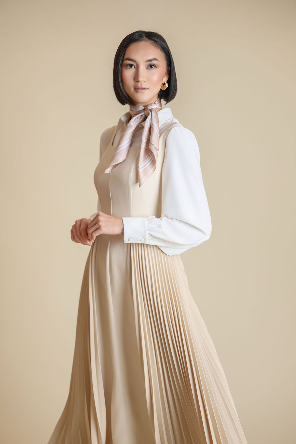Side Pleated Jumper- Beige