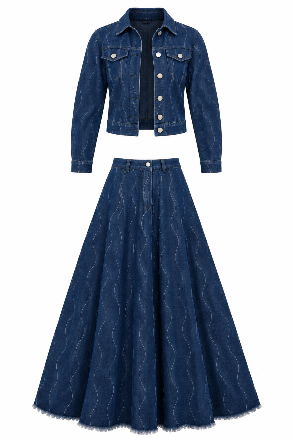 Matching dark indigo wavy-stitch denim jacket and maxi skirt on a white background