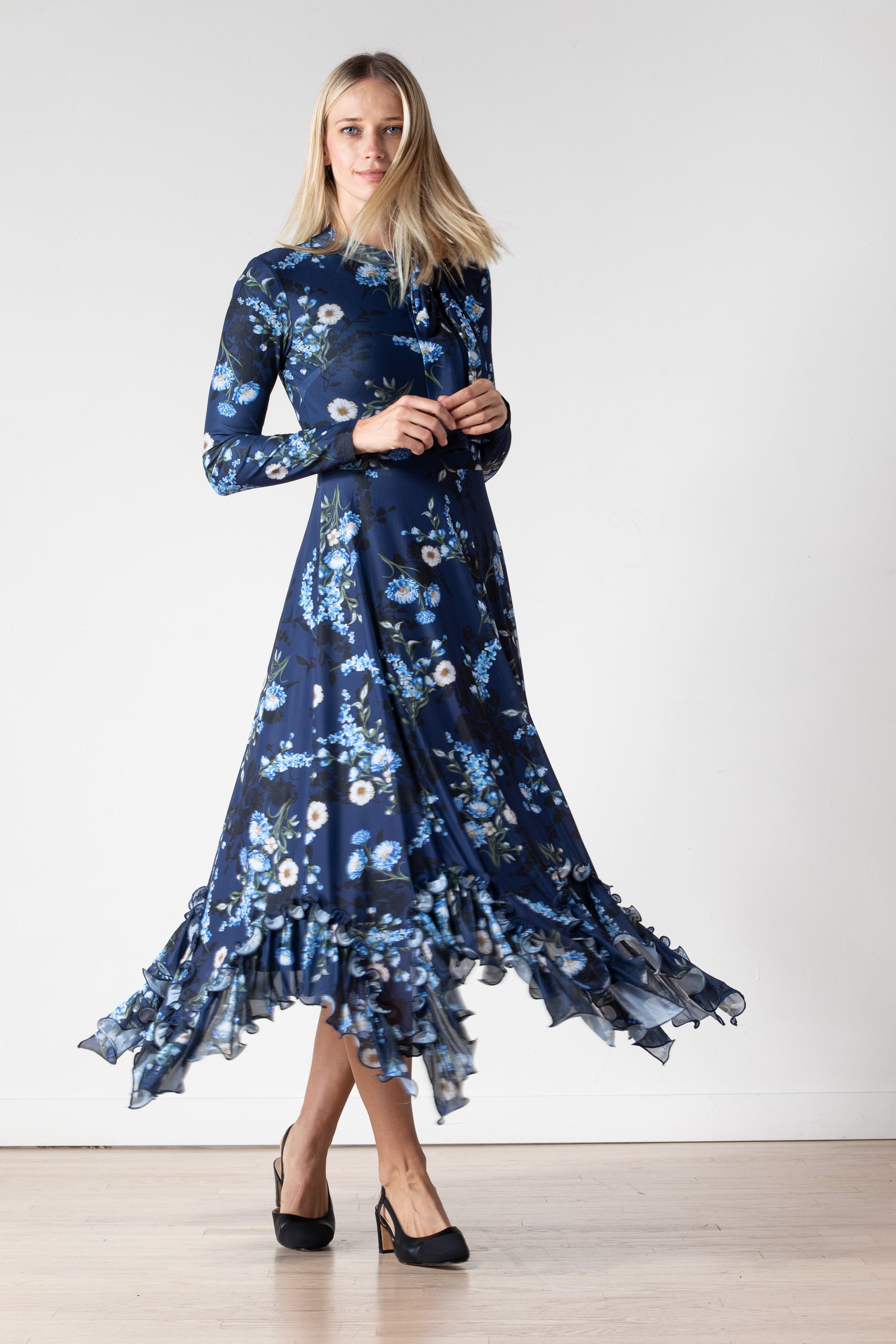 Amalthea Dress in Midnight Bloom navy floral - front view