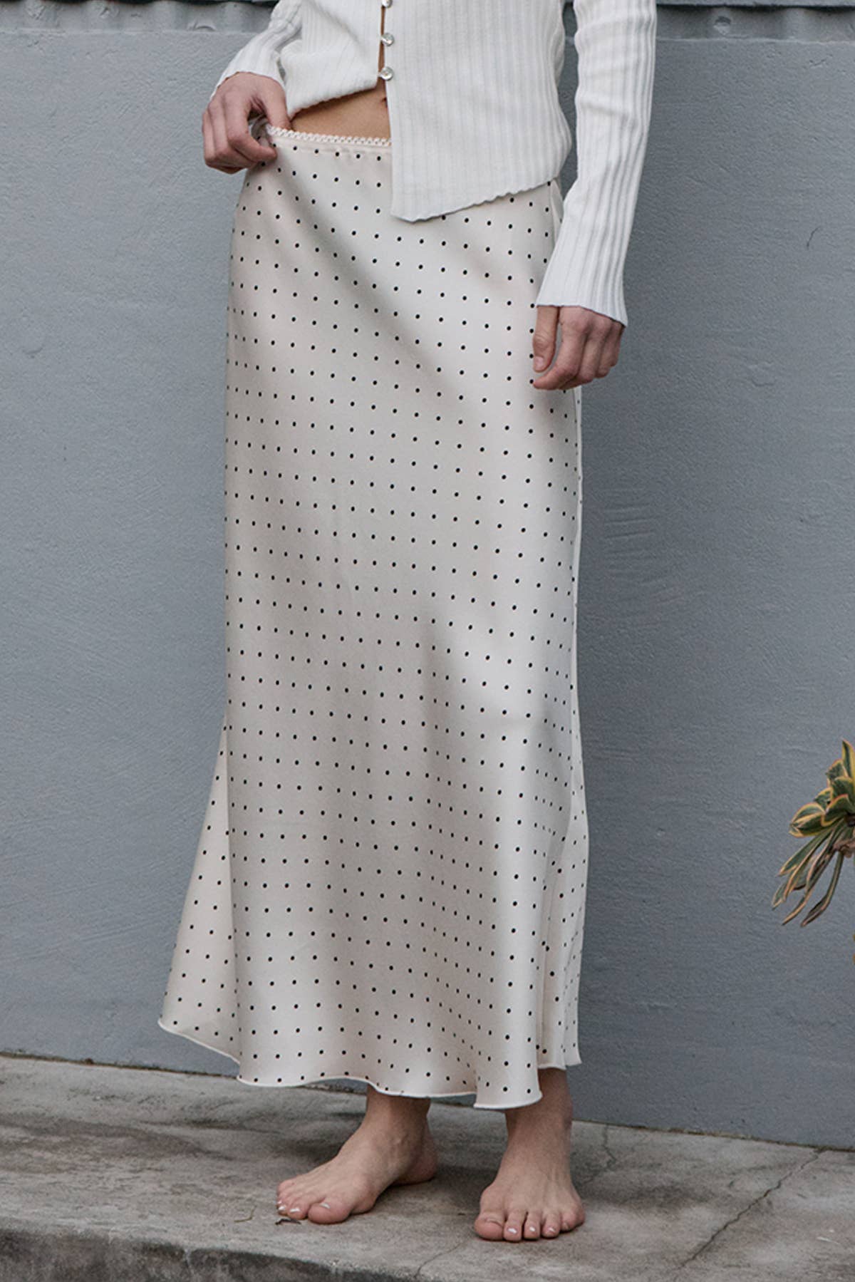 Polka Dot Satin Midi Skirt- Cream Dot