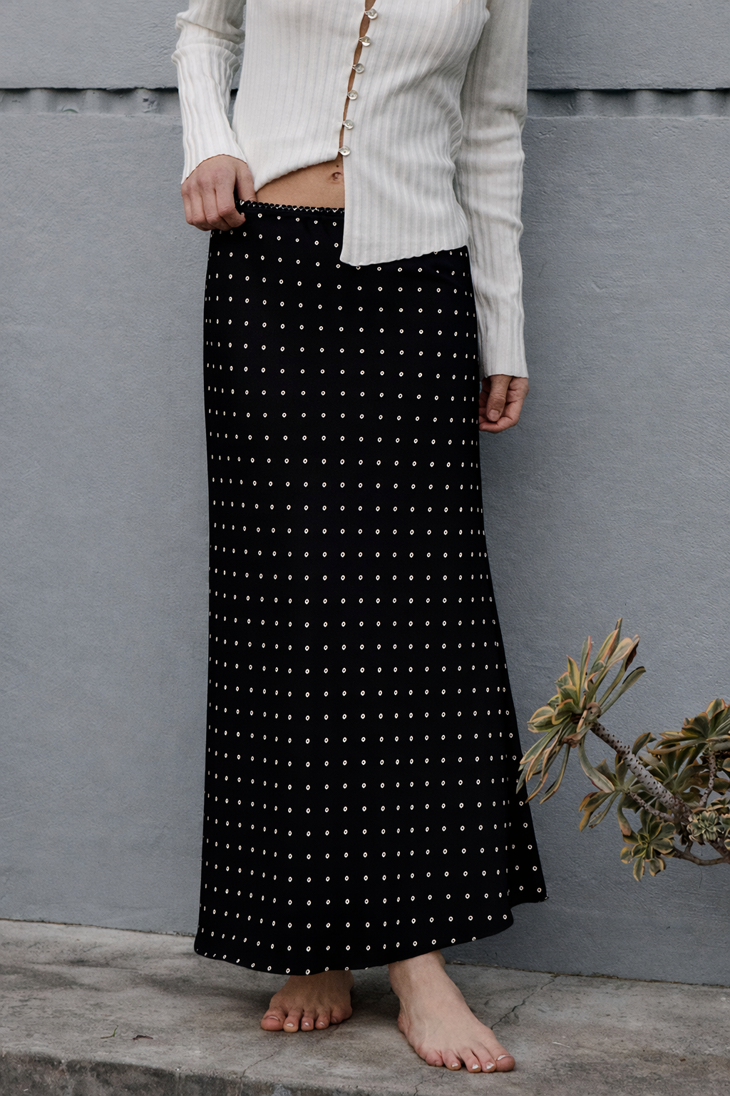 Polka Dot Satin Midi Skirt- Cream Dot