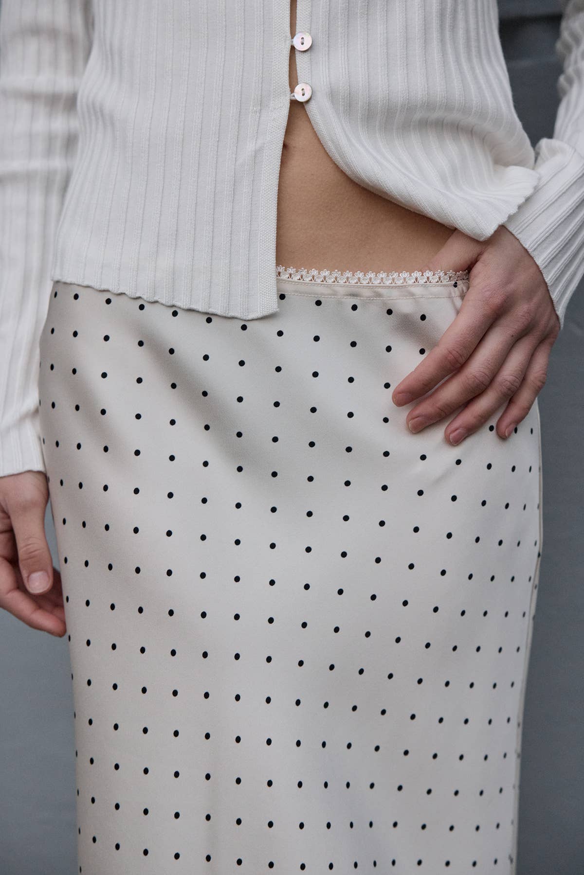 Polka Dot Satin Midi Skirt- Cream Dot