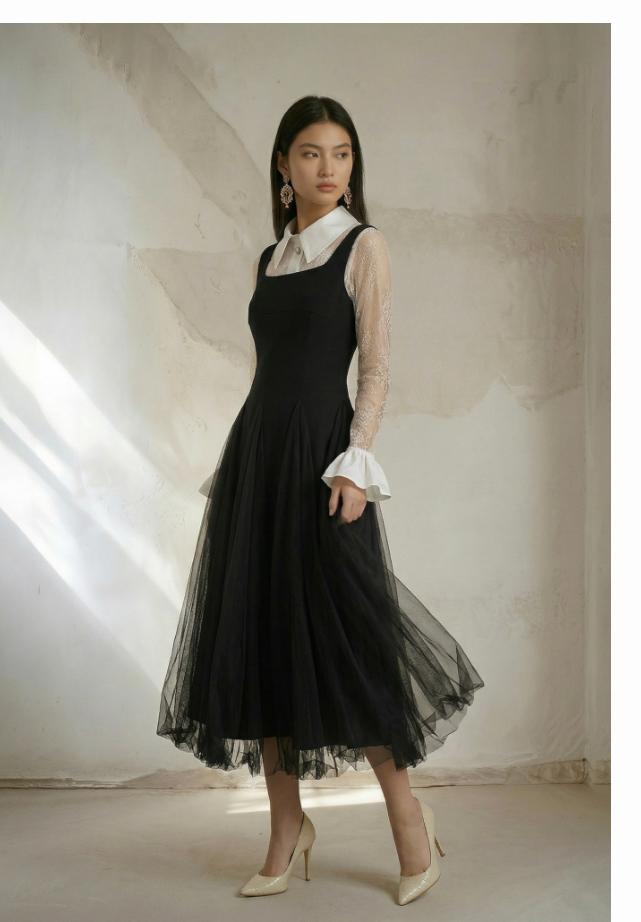 Georgette Jumper With Tulle Inserts - Black