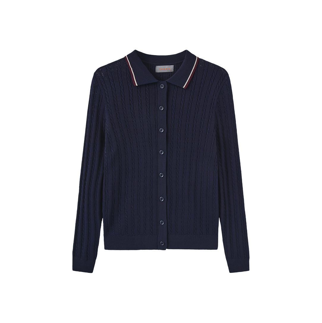 Rye Cable Knit Collared Cardigan - Navy