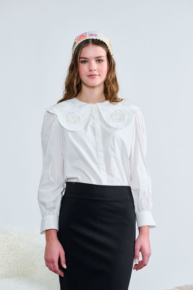White Button Down w/ Lace Beaded Detail Top