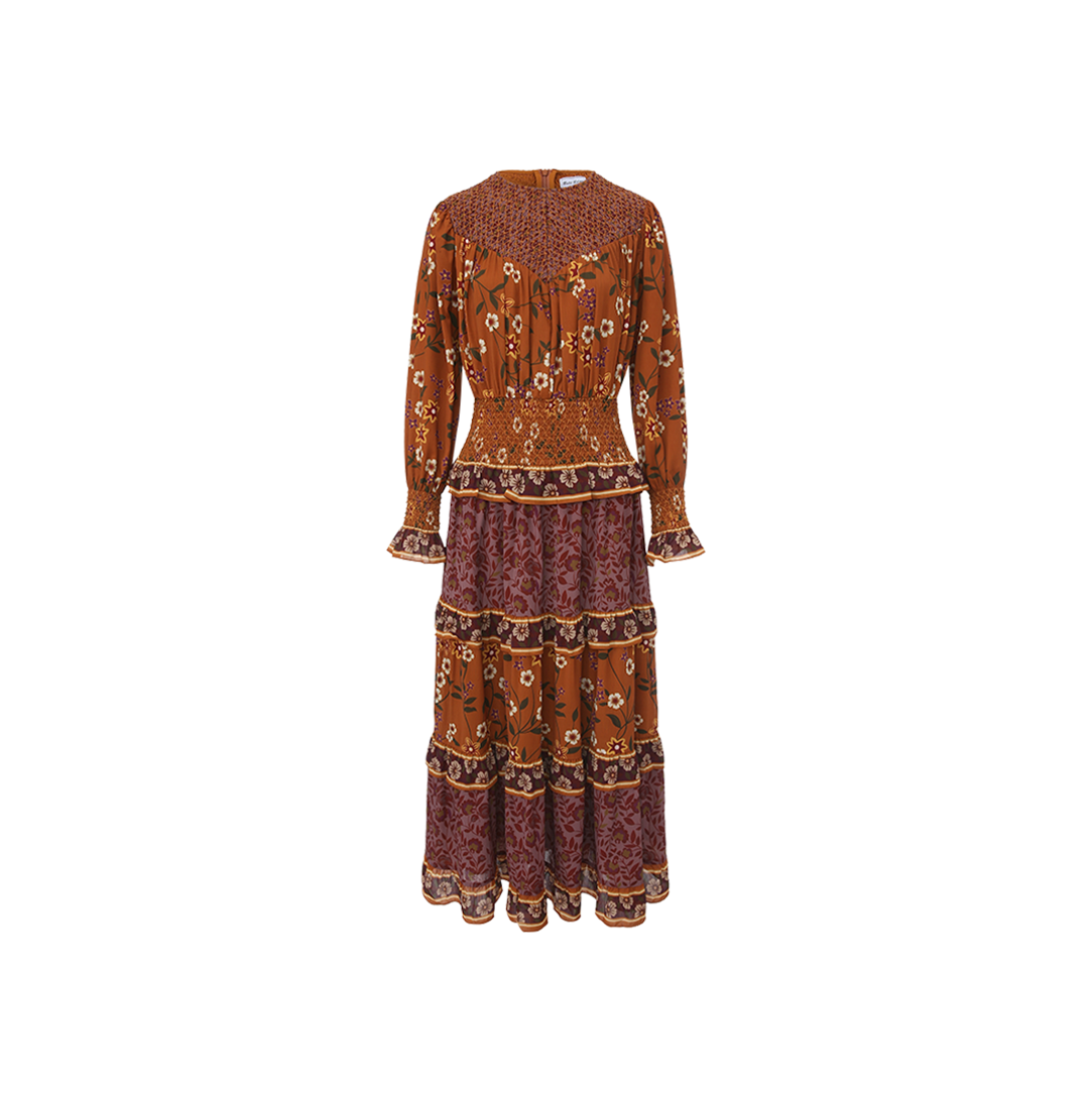Stitched Smocked Tiered Dress - Rust