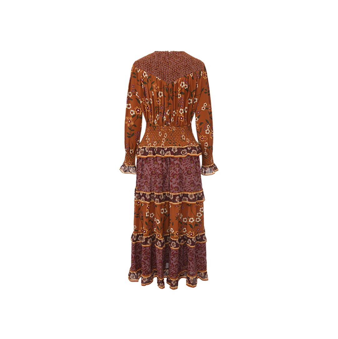 Stitched Smocked Tiered Dress - Rust