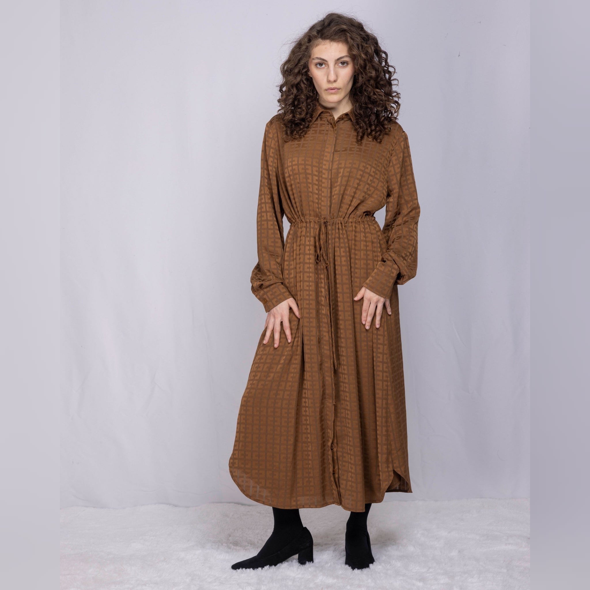 Tone On Tone Dress With Drawstring Waist - Brown